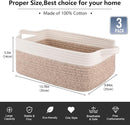 OIAHOMY 3 Pack Storage Baskets for Organizing, Woven Cotton Rope Basket for Shelves, Closet Organizer Bins with Handles, Rectangle Toy Organization, 13.78''×9.84''×5.5'', Brown & White by TinyTreasures Baby Boutique