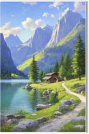 Landscape wall painting of mountain forest lakeside cabin under blue sky and white clouds natural oil painting poster suitable for living room bedroom office by CozyNest Decor