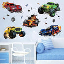 3D Racing Cars Wall Decals - Truck Bursting Through Wall, F1 Racing Cars Wall Stickers for Kids Room Boys Bedroom by CozyNest Decor