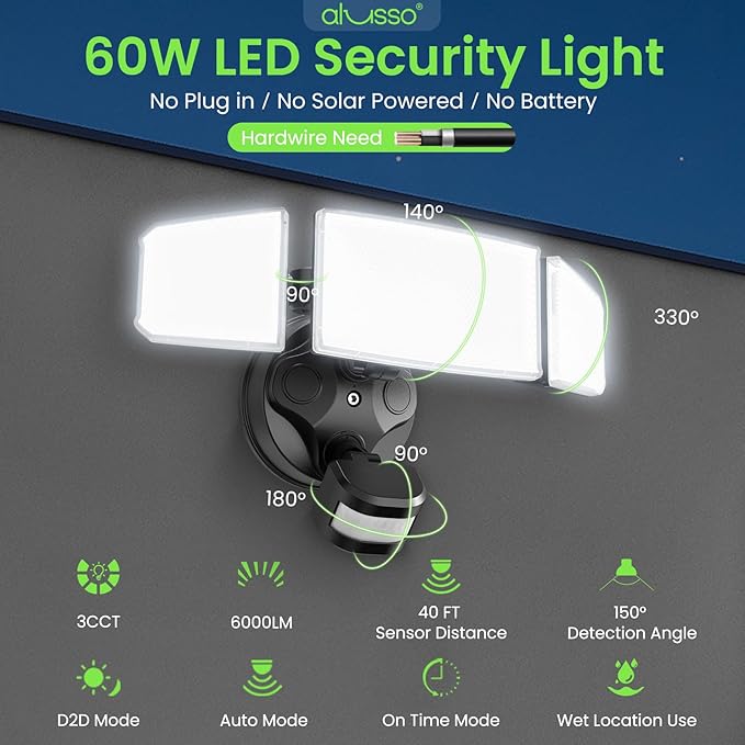 ALUSSO® LED Security Lights Motion Sensor, 60W 6000LM 3 Modes Flood Lights Outdoor Motion Sensor, 3CCT 3 Heads Outdoor Security Light Wet Location Use for House Garage Yard Walkway Black, photo 2 of 9