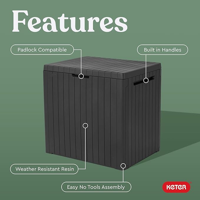 Keter City 30 Gallon Resin Outdoor Storage Box and Patio Storage Box Side Table for Pool and Garden Accessories, Dark Grey, photo 5 of 11