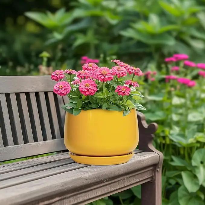G EPGardening Ceramic Pots for Plants - 7 Inch Plant Pot with Drainage Hole and Saucer, Modern Ceramic Planter for Indoor Outdoor, Round Flower Planter, Gifts for Plants Lovers, Home Decor, Yellow, photo 4 of 8