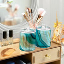 2 Pack Qtip Holder Dispenser Teal Turquoise Blue Marble Bathroom Storage Canister Lid Acrylic Plastic Apothecary Jar Set Vanity Makeup Organizer for Cotton Swab/Ball/Round Pads, Floss by CozyNest Decor