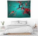 Japanese Koi Fish Tapestry, Cherry Blossoms Asian Oriental Green Teal Floral Branch Koi Fish Carp Tapestries Wall Hanging for Bedroom Living Room Office Decor 40"x30" by CozyNest Decor