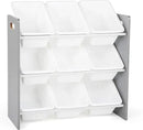 Humble Crew 9-Bin Toy Organizer – Inspire Grey with White Plastic Bins, 3-Tier Storage Solution for Kids' Playrooms and Nurseries by CozyNest Decor