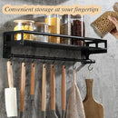 Wall Mount Storage Holder，Stainless Steel Strong Shelf with 6 Removable Hooks, Spice Rack Organizer，Kitchen Organizer Shelf, Space Saving Spice Rack and Kitchen Storage (black) by CozyNest Decor