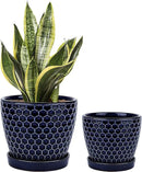 Docrin Ceramic Plant Pots Indoor: 6.6 + 5.5 Inch Planters with Drainage Holes and Saucer for Home/Office - Set of 2 /Blue Honeycomb by GreenHaven Gardens