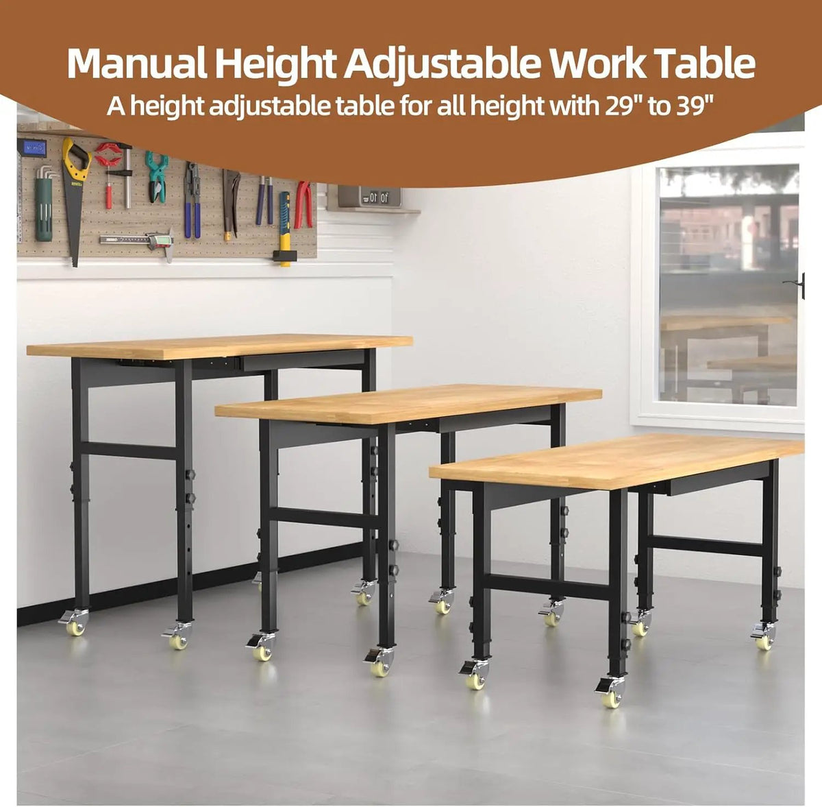 60'' Adjustable Workbench, Solid Wood Work Bench Table with Wheels and Power Outlet, Rolling Workbenchs with Drawers, Large Load Capacity Garage Workbench for Workshop,Office,Home, photo 6 of 6