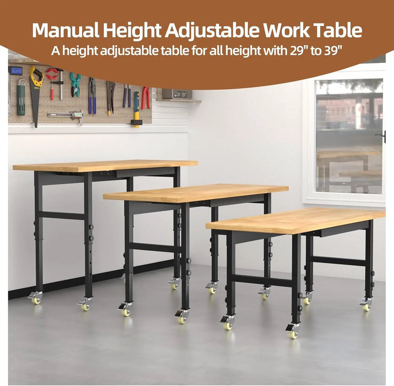 60'' Adjustable Workbench, Solid Wood Work Bench Table with Wheels and Power Outlet, Rolling Workbenchs with Drawers, Large Load Capacity Garage Workbench for Workshop,Office,Home, photo 6 of 6