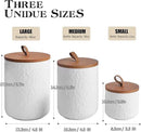 JOJUNO White Ceramic Canister Set with Wooden Lid, 3-Piece Airtight Food Storage Jars for Kitchen Counter - Flour, Sugar, Coffee, Tea, Spice - Small, Medium, Large Sizes - Stone Texture by CozyNest Decor
