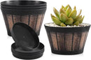 Quarut 6 inch Brown Barrel Planters with Drainage Holes & Saucer, Set of 4, Indoor & Outdoor Garden Home Plants by GreenHaven Gardens