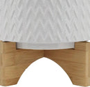 8" Ceramic Planter on Wooden Bamboo Stand - Contemporary White Chevron Design for Indoor or Outdoor Plants, Succulents, Cactus by GreenHaven Gardens