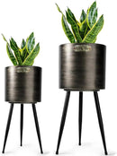 Harvest Land Plant Pots with Stand, Set of 2 Large Modern Planters Metal Tall Handmade Flower Pots with Drainage Holes Indoor Outdoor,Black by CozyNest Decor