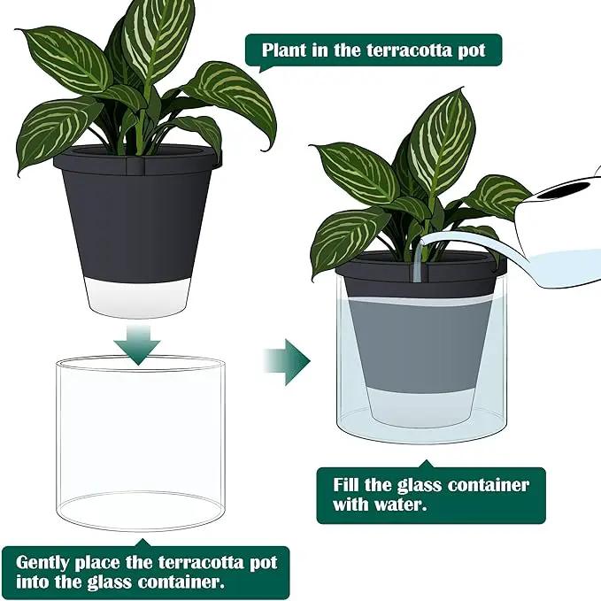 D'vine Dev 10 Inch Design Self Watering Planter for Indoor Plants, Black Terracotta Pot with Cylinder Glass Cup, 37-X-D-3, photo 7 of 7