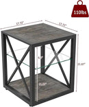 Farmhouse End Table, Modern Side Table with 3-Tier Storage Shelf, Square Rustic Nightstand, Accent Tea Table, for Bedroom Office Living Room, Grey, Natural Wood, Glass, Metal by CozyNest Decor