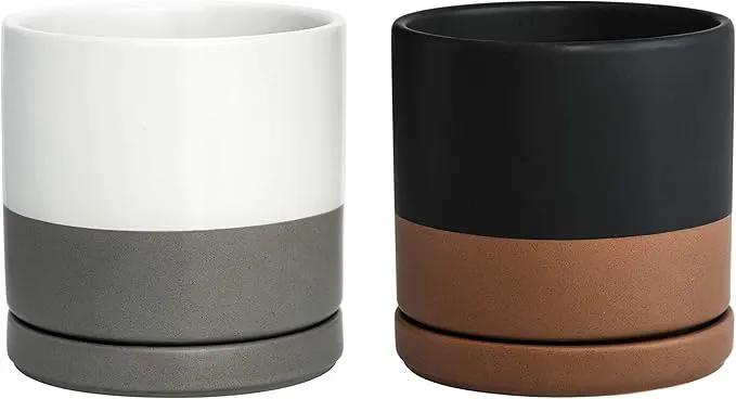 D'vine Dev Set of 2 Plants Pots, 6 Inch Ceramic Planter Pot for Plants with Drainage Hole and Saucer, White-Grey/Black-Tan, 94-V-C-C, photo 7 of 7