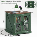 24" End Table with Charging Station, Farmhouse Night Stand with Glass Barn Door, Green Nightstands with Adjustable Storage Shelf, Large Wood Square Bed Side Table for Living Room, Bedroom by CozyNest Decor