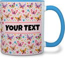 Personalized Mug for Kids - Butterflies - Custom Name/Text, Ceramic Hot Chocolate/Cocoa/Coffee Cup for Girls, Birthday/Christmas/Holiday Gift - 11 oz, Light Blue Handle by TinyTreasures Baby Boutique