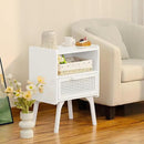 Lerliuo Rattan Nightstand, Side Table with Drawer Open Shelf, Cane Accent Bedside End Table with Solid Wood Legs, Mid Century Modern Night Stand for Bedroom, Dorm and Small Spaces (White) by CozyNest Decor