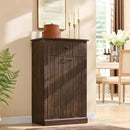 Modern Tilt-Out Trash Can Cabinet, 10 Gallon Fluted Laundry Hamper Cabinet with Drawers, Wooden Hidden Garbage Can Cabinets with Storage Basket, Free Standing for Kitchen and Living Room,Brown by CozyNest Decor