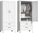 71'' Farmhouse Metal Wardrobe Cabinet with Hanging Rod, 2 Barn Door Wardrobe Closet with Adjustable Shelves,2 Drawer,for Dining Room,Bedroom,Living Room, Cloak Room,Office (White) by CozyNest Decor