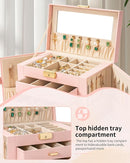 AKOZLIN Large 4-Tier Jewelry Box Leather Jewelry Storage Organizer with 3 Drawers Lockable for Women Girls Ring Necklace Earring Bracelet Watches Holder with Mirror Pink by TinyTreasures Baby Boutique