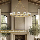 Gold Wagon Wheel Chandelier, 48 Inch Brass Chandeliers with Unique Glass Shade, 12-Light Crystal Large Wagon Wheel Chandeliers for Dining Room, High Ceiling Round Chandelier for Living Room, Foyer by CozyNest Decor