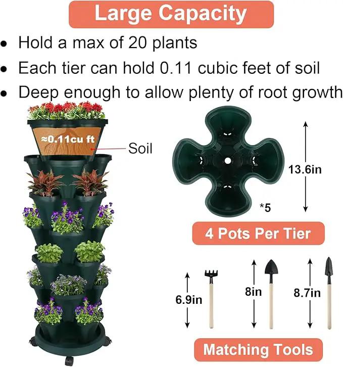 Vertical Planter 7 Tier Stackable Planters Garden Planters Strawberry Herb Flower and Vegetable Planter Indoor Outdoor Gardening Pots with Removable Wheels and Tools 2-Pack, photo 5 of 9