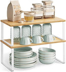 SONGMICS Cabinet Organizer Shelf, Set of 2 Kitchen Counter Shelves, Kitchen Storage, Spice Rack, Stackable, Expandable, Metal and Engineered Wood, Cloud White and Natural Beige UKCS200W01 by CozyNest Decor