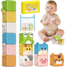 Animal Soft Gel Stacking Block Set Soft Silicone Baby Blocks Toys for 18 Months to 3 Years Old Early Learning Touch Bath Educational Toys with Numbers Animals Fruits Texture by TinyTreasures Baby Boutique