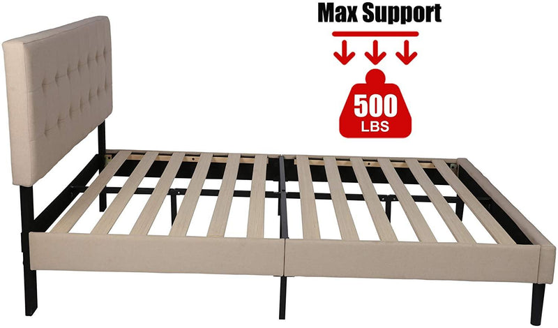 14 Inch Upholstered Platform Bed Frame with Headboard Mattress Foundation with Wood Slat Support No Box Spring Needed Beige (Full)