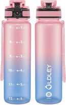 OLDLEY 32 oz Water Bottle, Motivational Water Bottle with Time Marker, Sports Water Bottle With Strap, Leakproof & BPA Free Large Water Bottles for School, Gym, Travel, Outdoor, Tritan,Pink&Blue by CozyNest Decor