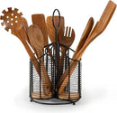 360° Rotating Kitchen Utensil Holder- 3 Compartment Organizer with Cork Bottoms | Includes Premium 9-Piece Acacia Wood Utensil Set | Professional & Home Luxury Design | Metal Utensil Crock (Black) by CozyNest Decor