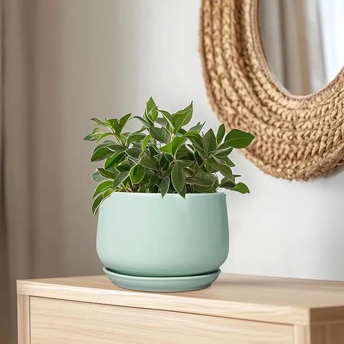 G EPGardening Ceramic Pots for Plants - 9 Inch Ceramic Planter with Drainage and Saucer, Round Planter for Indoor Outdoor Plants, Modern Flower Pots, Garden Decor, Birthday Gifts, Green, photo 5 of 8