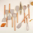 Silicone Cooking Utensils Set, Premium Beech Wood Handle Kitchen Gadgets Utensil Set, Non-Stick Kitchen Utensils Spatula, Tongs, Turner, Whisk, Brush, Spoon, BPA FREE, 446°F Resistant (Khaki) by CozyNest Decor