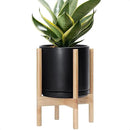 D'vine Dev Ceramic Planter with Natural Stand - 10 Inch Modern Round Flower Pot with Wood Planter Holder, Black, 55-B-K-2 by CozyNest Decor