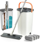 Jelymark Flat Mop and Bucket with Wringer Set, Separates Dirty and Clean Water, 3-Chamber Mop Wet and Dry Use, Not-Hands Squeeze Mops for Floor Cleaning, 4 Reusable Microfiber Mop Pads Included by CozyNest Decor