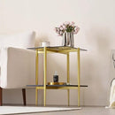 Glass End Table, Mid-Century Modern Design Sofa Table, for Living Room, L18 x W18 x H23 in, Clear Glass Top and Walnut MDF Shelf, Sleek Conical Metal Legs with Gold Finish Frame by CozyNest Decor
