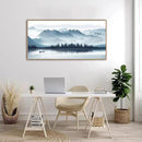 Indigo Framed Canvas Wall Art Misty Mountain Wall Pictures Foggy Lake Boat Canvas Painting Prints Forest Birds Canvas Wall Decor for Living Room Bedroom Decorations Natural Framed 24" x 48" by CozyNest Decor