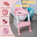 Potty Training Toilet Chair Seat with Step Stool Ladder for Kids and Toddler Boys Girls - Foldable Height Adjustable Children Toilet Training Seat with Safe Handles & Anti-Slip Pads, White-Pink by TinyTreasures Baby Boutique