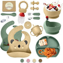 O'doe 17-Piece BPA-Free Silicone Baby Feeding Set | Thick & Soft Suction Plates, Baby Bowls, Wooden Fork & Spoon, and More | Make Mealtime Fun and Easy for Your Little One (Beige and Green, V3) by TinyTreasures Baby Boutique