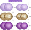 Paper Lanterns Decorative, Purple Lavender Gold Hanging Round Chinese Lanterns with Lights for Graduation Bachelorette Theme Birthday Party 12 LED Light Pack of 12 by CozyNest Decor