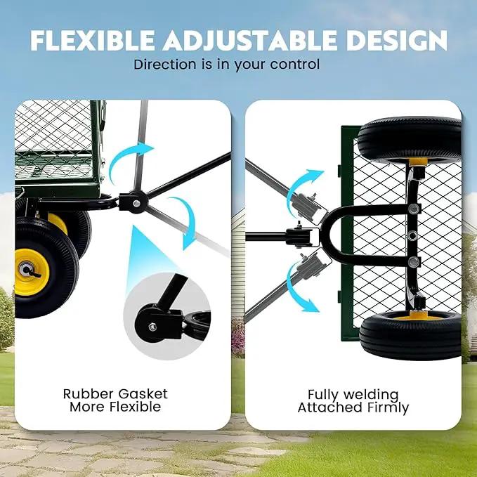 Steel Garden Cart, 2-in-1 Heavy Duty Utility Wagon 900 LBS Capacity Carts with Removable Mesh Sides to Convert into Flatbed, 240° U-Turn 10" Pneumatic Tires Garden Wagon for Lawn Camping Farm Yard, photo 4 of 7