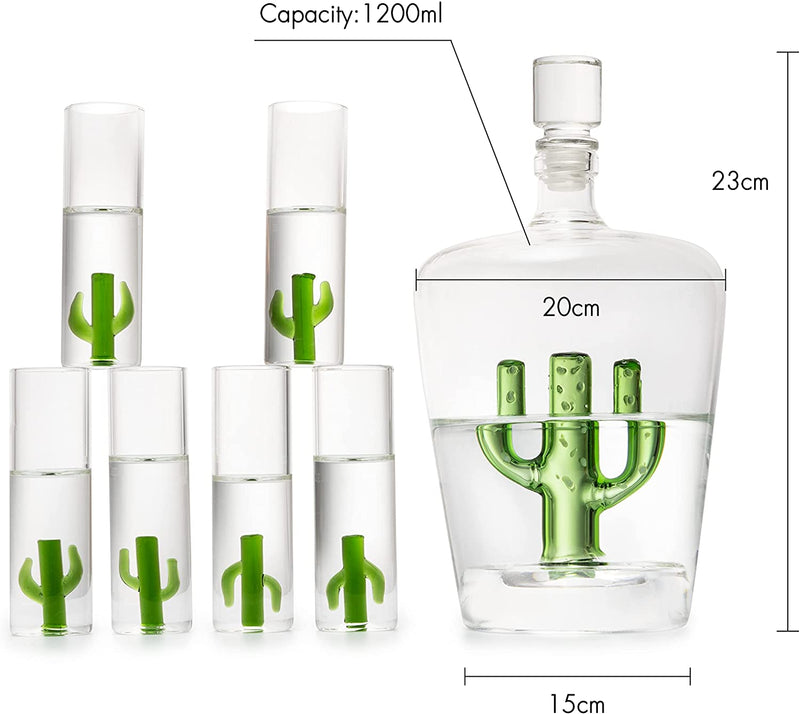 Tequila Decanter Set with Cactus Decanter and 6 Cactus Shot Glasses Set, Perfect for Holiday Gifts for Tequila Lovers, 25 Ounce Bottle, 3 Ounce Shot Glasses Cinco De Mayo, Reposado Gift (Cactus)