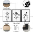 Flower Plant Wall Art Decor 24"x16" Set of 3 Black And White Botanical Painting Wood Framed For Minimalist Bedroom Office Rustic Living Room Abstract Wildflower Sign Hanging (Black) by CozyNest Decor