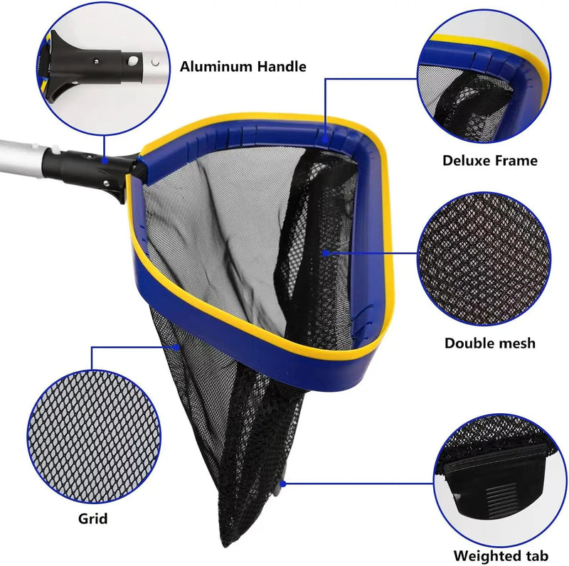 Poolvio Pool Deep Skimmer Net with 3ft - 10ft 1.0mm Thick Adjustable Aluminum Pole & Fine Mesh Bag Leaf Skimmer Rake Net for Above Ground & Inground Swimming Pools, Removes All Debris, photo 5 of 6