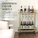 MyGift 2 Tier Rolling Bar Cart, Vintage Brass Tone Metal Cocktail and Wine Trolley with Burnt Wood Shelf Trays, Wine Glass Stemware Holder Rack and Lockable Wheels by CozyNest Decor