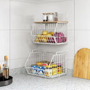 Wetheny 2 Tier Stackable Wall Mounted Wire Basket Fruit Basket with Wood Lid - Kitchen Pantry Organization and Storage, Hanging Storage Basket for fruits, Onion, Potato, Produce, Vegetable (White) by CozyNest Decor