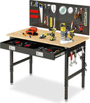 48" Workbench with Drawers, Adjustable Height Work Bench 2000 LBS Heavy-Duty Work Table Rubber Wood Work Station with Power Outlet & Pegboard for Garage, Office, Workshop, Home, Party Shop by GreenHaven Gardens