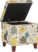 Adeco 18 Inch High Cube Ottoman Storage, Floral Printed Linen Chair Foot Stools, Upholstered Vanity Stool with Hinged Lid, Solid Wood Legs by CozyNest Decor